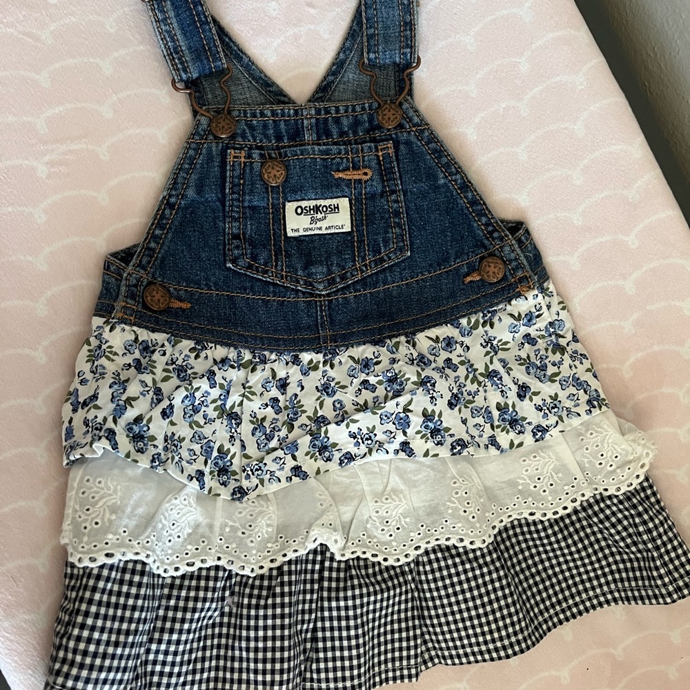 Oshkosh Blue Floral gingham overall dress 12month